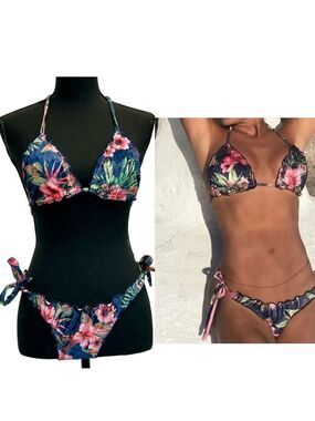 MIACONFITURA Floral velvet velour tropical Scrunched bum Bikini Sz S